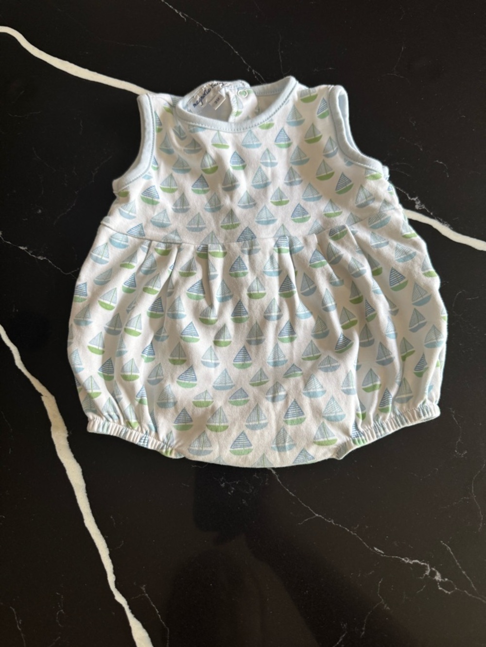 Magnolia White Baby Bubble Romper with Blue and Green Sailboats